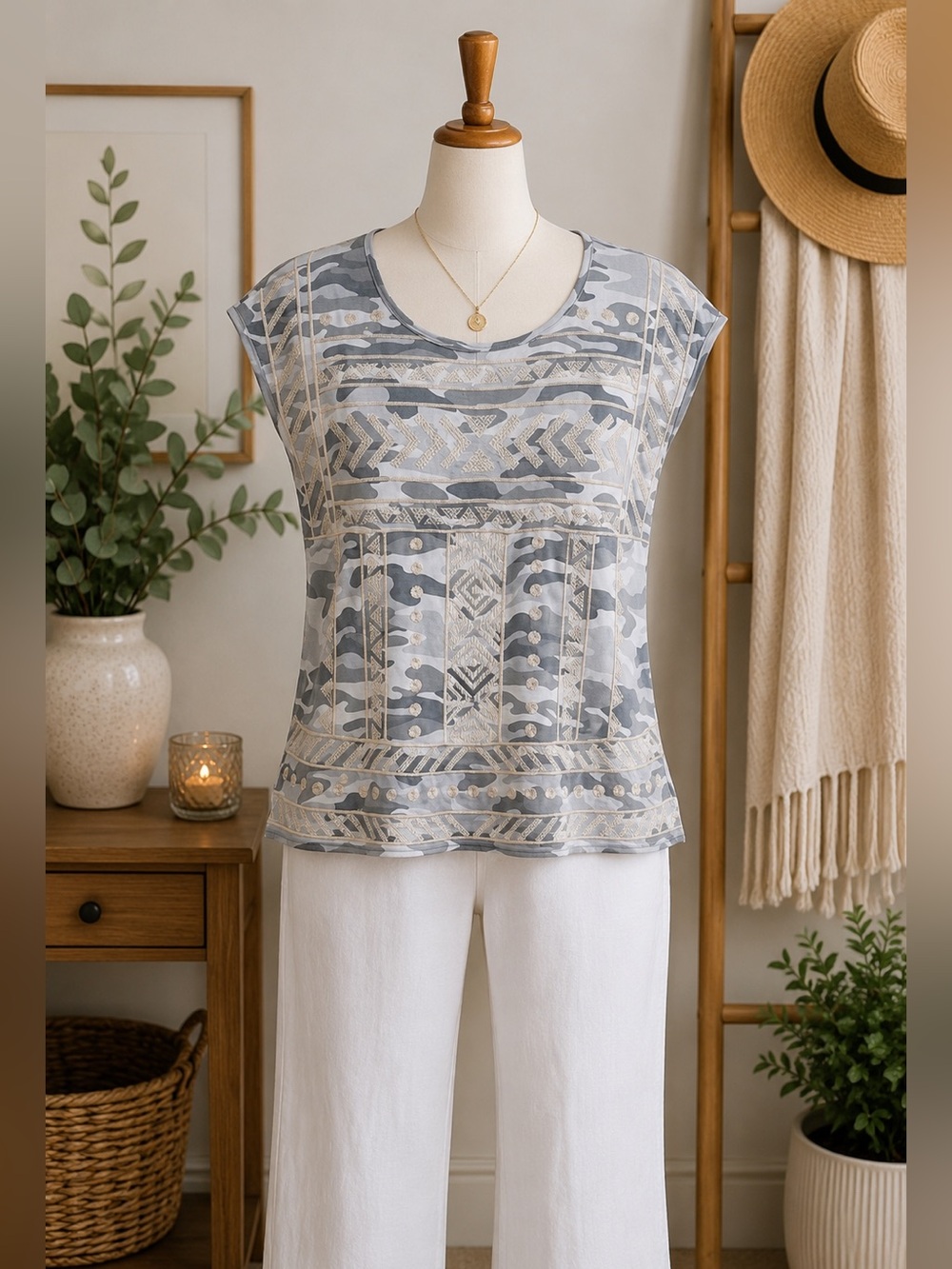 Savanna Jane Gray White Camo Embroidered Tee Top Size M/L Boho Casual